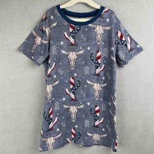 Fletch Kid Western Patriotic Soft Bamboo Pajama Top Steer Skull Cactus Blue 7-8Y